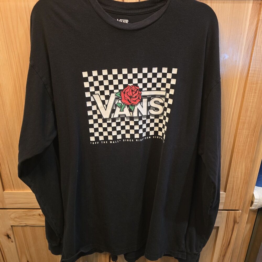 Men’s Vans Long Sleeve Shirt Black Checkering with Red Rose's Size XL (black)